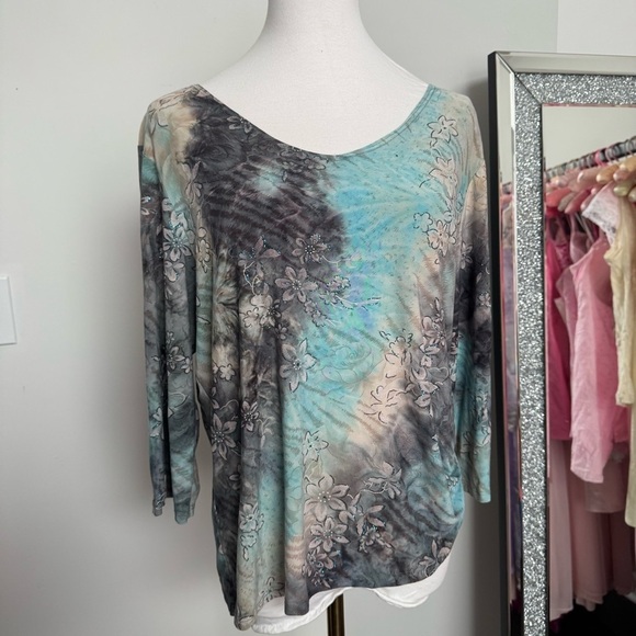 Vintage Floral turquoise glitter top Fairycore whimsy renaissance dreamy L - Picture 6 of 8